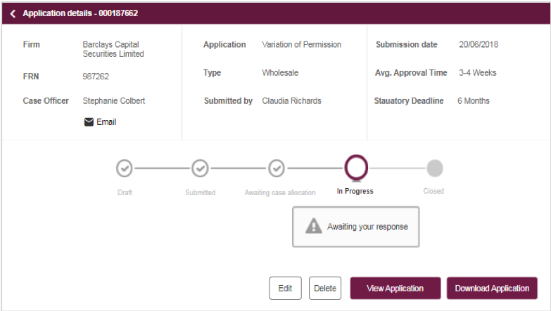 Progress indication screen for an applicant