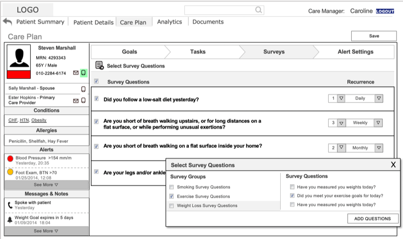 Physician screen to create a time-based survey for patients